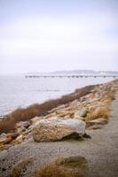 A beach with pebbles and rocks in winter in Sweden 2025 photo