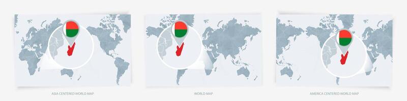Three versions of the World Map with the enlarged map of Madagascar with flag. vector