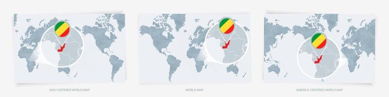 Three versions of the World Map with the enlarged map of Congo with flag. vector