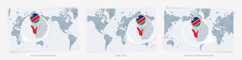 Three versions of the World Map with the enlarged map of Namibia with flag. vector
