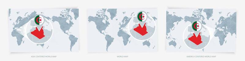 Three versions of the World Map with the enlarged map of Algeria with flag. vector