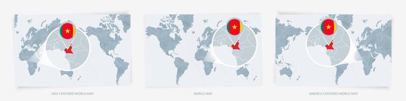 Three versions of the World Map with the enlarged map of Cameroon with flag. vector