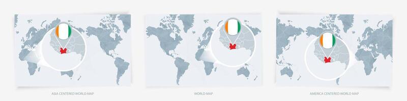 Three versions of the World Map with the enlarged map of Ivory Coast with flag. vector