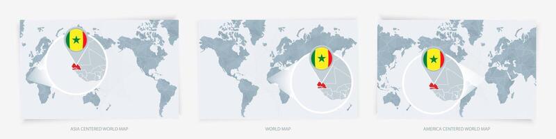 Three versions of the World Map with the enlarged map of Senegal with flag. vector