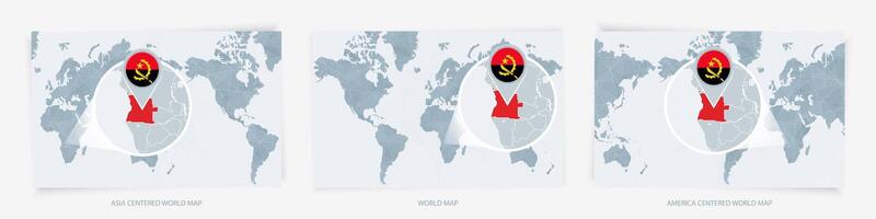 Three versions of the World Map with the enlarged map of Angola with flag. vector