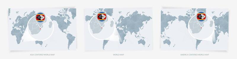 Three versions of the World Map with the enlarged map of Swaziland with flag. vector