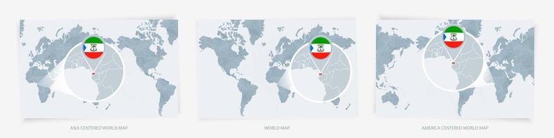 Three versions of the World Map with the enlarged map of Equatorial Guinea with flag. vector