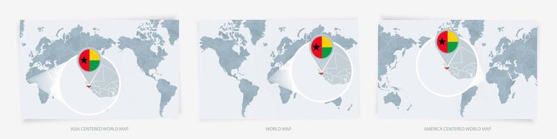 Three versions of the World Map with the enlarged map of Guinea-Bissau with flag. vector