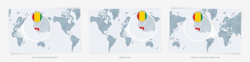Three versions of the World Map with the enlarged map of Guinea with flag. vector