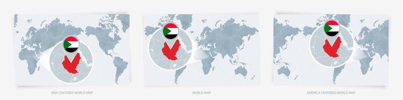 Three versions of the World Map with the enlarged map of Sudan with flag. vector