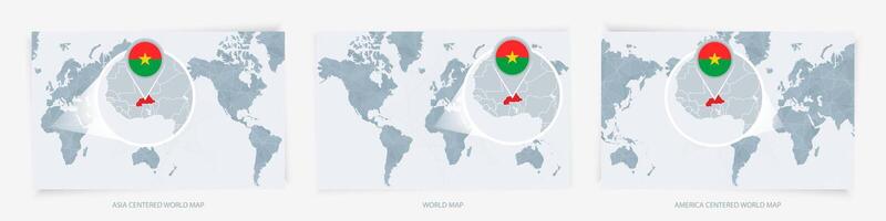 Three versions of the World Map with the enlarged map of Burkina Faso with flag. vector