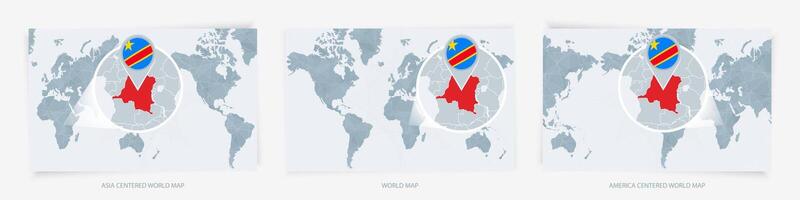Three versions of the World Map with the enlarged map of DR Congo with flag. vector
