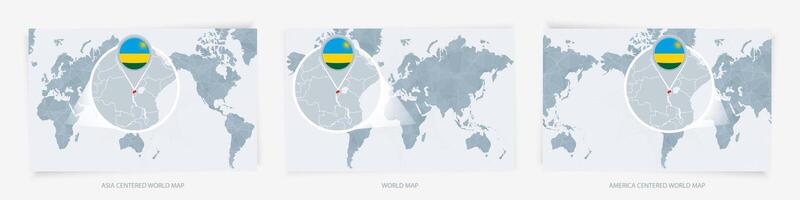 Three versions of the World Map with the enlarged map of Rwanda with flag. vector