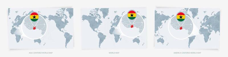Three versions of the World Map with the enlarged map of Ghana with flag. vector