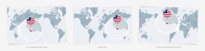 Three versions of the World Map with the enlarged map of Liberia with flag. vector