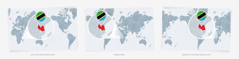 Three versions of the World Map with the enlarged map of Tanzania with flag. vector
