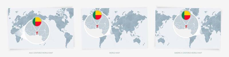 Three versions of the World Map with the enlarged map of Benin with flag. vector