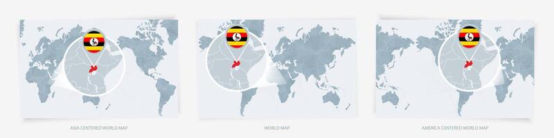 Three versions of the World Map with the enlarged map of Uganda with flag. vector