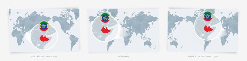 Three versions of the World Map with the enlarged map of Ethiopia with flag. vector