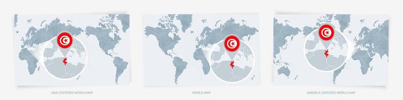 Three versions of the World Map with the enlarged map of Tunisia with flag. vector