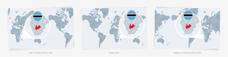 Three versions of the World Map with the enlarged map of Botswana with flag. vector