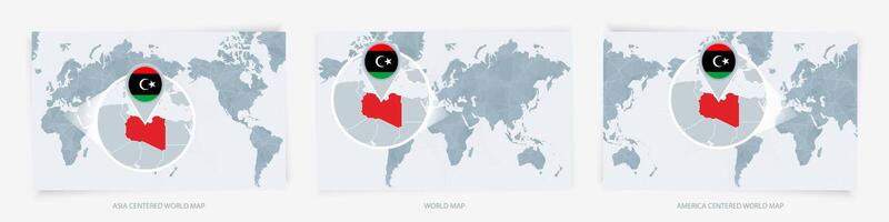 Three versions of the World Map with the enlarged map of Libya with flag. vector