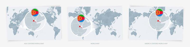 Three versions of the World Map with the enlarged map of Eritrea with flag. vector