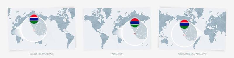 Three versions of the World Map with the enlarged map of Gambia with flag. vector