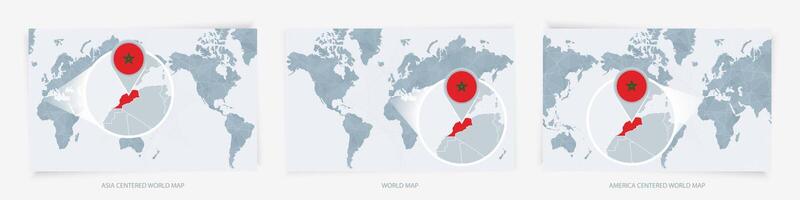 Three versions of the World Map with the enlarged map of Morocco with flag. vector