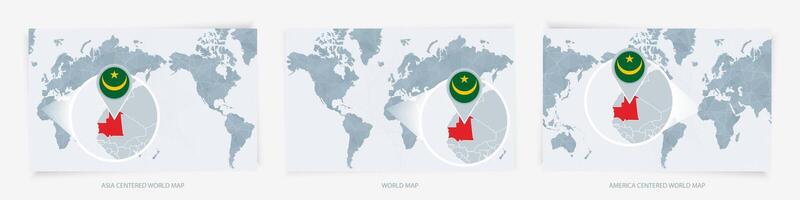 Three versions of the World Map with the enlarged map of Mauritania with flag. vector