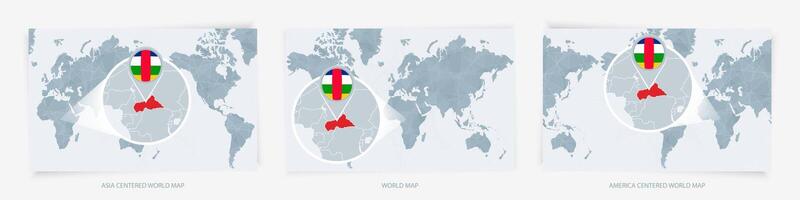 Three versions of the World Map with the enlarged map of Central African Republic with flag. vector