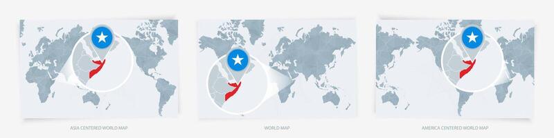 Three versions of the World Map with the enlarged map of Somalia with flag. vector