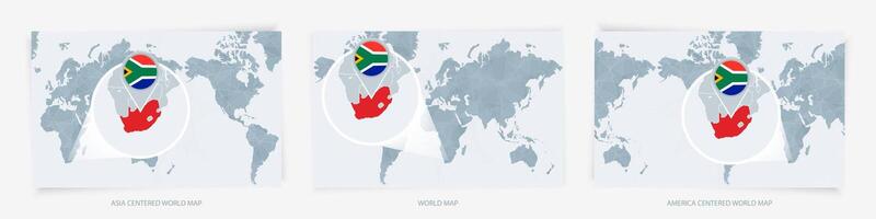 Three versions of the World Map with the enlarged map of South Africa with flag. vector