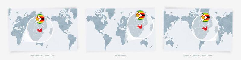 Three versions of the World Map with the enlarged map of Zimbabwe with flag. vector
