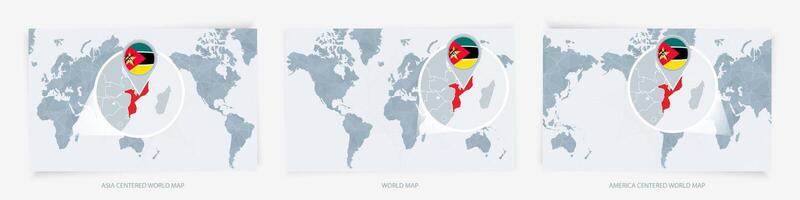 Three versions of the World Map with the enlarged map of Mozambique with flag. vector