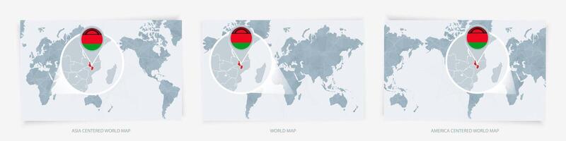 Three versions of the World Map with the enlarged map of Malawi with flag. vector