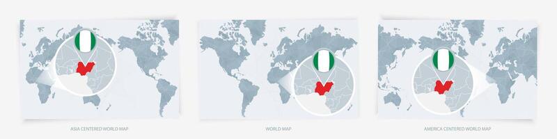 Three versions of the World Map with the enlarged map of Nigeria with flag. vector