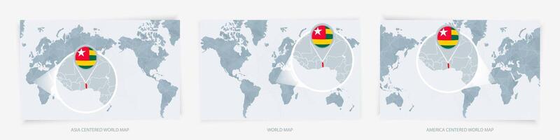 Three versions of the World Map with the enlarged map of Togo with flag. vector