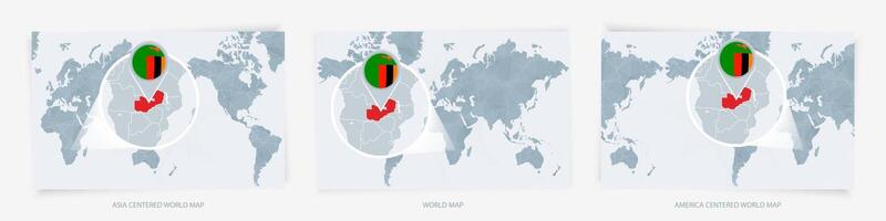 Three versions of the World Map with the enlarged map of Zambia with flag. vector