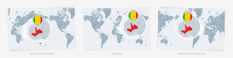 Three versions of the World Map with the enlarged map of Mali with flag. vector