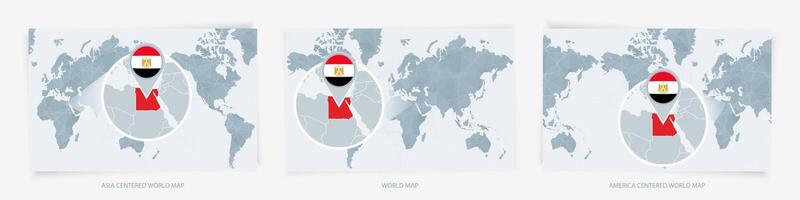 Three versions of the World Map with the enlarged map of Egypt with flag. vector