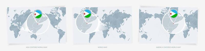 Three versions of the World Map with the enlarged map of Djibouti with flag. vector