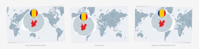 Three versions of the World Map with the enlarged map of Chad with flag. vector