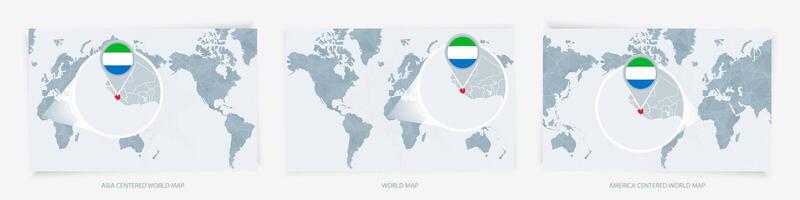 Three versions of the World Map with the enlarged map of Sierra Leone with flag. vector