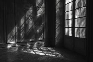 Shadowplay on elegant walls as light gently filters through large windows, casting an ethereal glow photo
