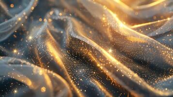 Shimmering waves of light cascade across luxurious folds, creating a mesmerizing dance of golden sparks photo