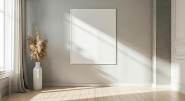 Tranquil minimalist interior featuring a white vase with pampas grass and an empty canvas photo