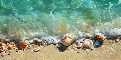 Serene beach vibes with seashells and gentle waves on a digital screen, capturing the essence of coastal beauty photo
