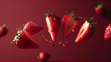 Experience an explosion of vibrant strawberries floating in mid-air, capturing the essence of freshness and vitality photo