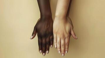 Embrace diversity and unity with this striking image of two hands against a neutral background photo